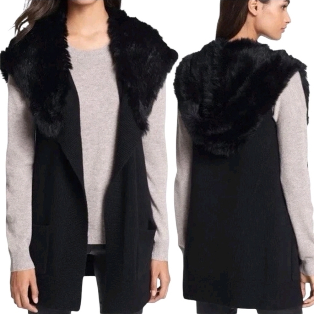 Theory Hooded Sweater Vest Womens Small Gray Black Wool Rabbit Fur Mid Length